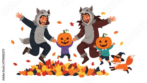 Joyful Family Gathering in Autumn: Capture the heartwarming scene of a family in Halloween costume, joyfully leaping into the air amidst a bed of autumn leaves.