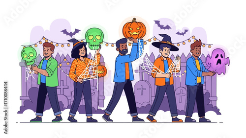 Halloween Celebrations: A whimsical Halloween illustration featuring a group of people holding spooky props in front of a graveyard scene, perfect for the holiday season.