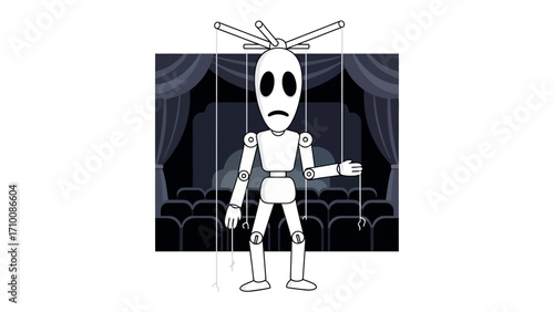 Puppet on Stage: A monochrome portrayal of a puppet performing on a stage, set against the backdrop of theater seats, strings, and a traditional curtain, symbolizing control, performance.