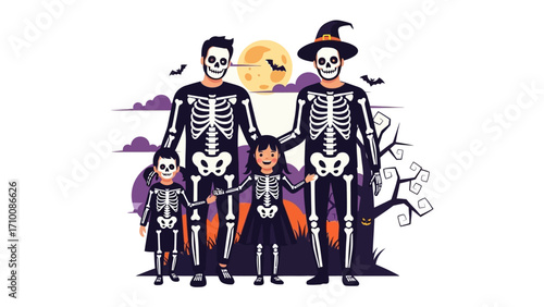 Spooky Halloween Family Portrait: A digitally crafted image features a family dressed in skeleton costumes, gathering under a moonlit sky for a festive Halloween celebration.