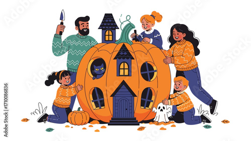 Halloween Family Decorating Pumpkin House: A cheerful family collaboratively builds a whimsical pumpkin house together, filled with spooky elements and a sense of playful holiday joy. 