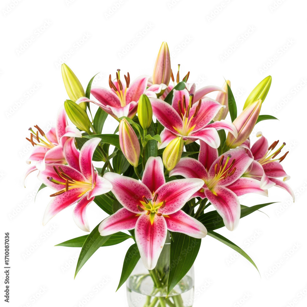 Naklejka premium Vibrant pink starburst lily bouquet in a clear vase with green stems transparent background