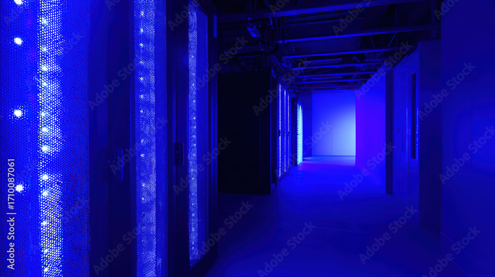 Fototapeta premium An abstract view of a server room with a atmospheric glow from numerous blue LED lights creating a gradient effect.