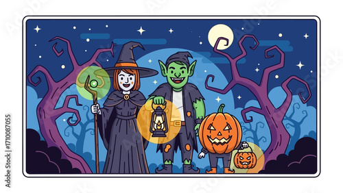 Enchanted Halloween Gathering: A vibrant illustration of Halloween characters in a magical, moonlit forest, featuring a witch, a goblin, and a carved pumpkin lantern.