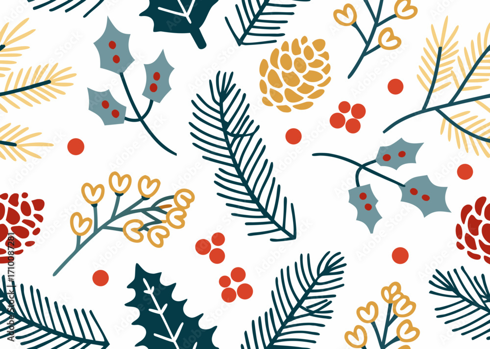 Naklejka premium Seamless pattern of festive winter foliage and berries