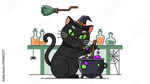 Mystical Cat in Magic Brew: A charming black cat, adorned with a pointed hat, stirs a bubbling cauldron with a playful expression, embodying the enchantment of Halloween.