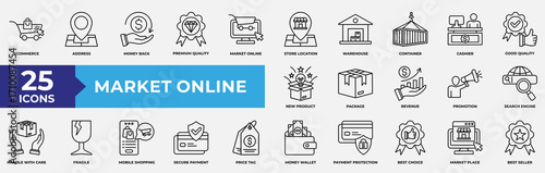 Market Online Icons Set. Containing E-commerce, market, quality, store, address, cashier, product, promotion, price tag and payment icon. Vector Illustration.
