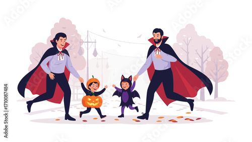 Halloween Family Adventure: A whimsical scene depicts a family joyfully participating in the Halloween tradition.