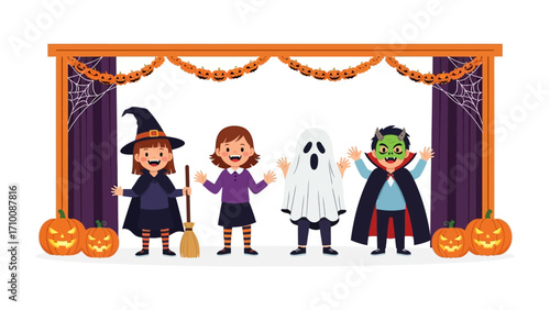 Halloween Costume Party: A festive illustration of children dressed in Halloween costumes stands on stage decorated with festive autumnal elements such as pumpkins and spooky spiderwebs.