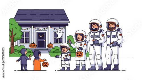 Halloween Astronauts: A group of costumed astronauts trick-or-treat, approaching a decorated house, embracing the festive spirit of the spooky holiday season.