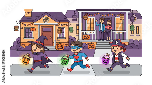 Trick-or-Treat Delight: Energetic children, adorned in festive Halloween costumes, embark on a joyful trick-or-treating adventure through a whimsical neighborhood. Capturing the essence of Halloween.