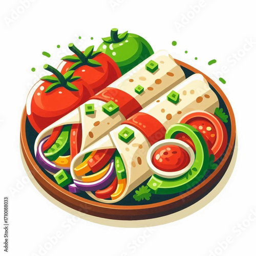 Two burritos with vibrant fillings complemented by tomatoes a green pepper and salsa on a plate