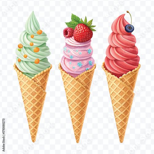 realistic 3d colorful vanilla ice cream scoop set in different style isolated on transparent background 
