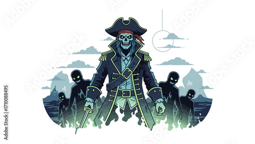 Undead Pirate's March: A fearsome undead pirate leads a legion of shadowy figures, evoking a sense of foreboding with its surreal design.
