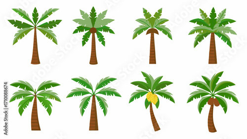 Collection of eight cartoon palm trees with varied frond shapes and some bearing fruit