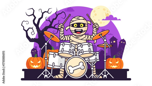 Mummy Drummer's Halloween Gig: An animated mummy character beats the drums with spooky energy, set against a full moon, a jack-o'-lanterns, and a silhouette of a twisted tree.