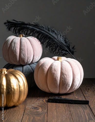Halloween celebration Luxurious velvet pumpkins and golden gourd, symbolizing autumn harvest and festive decor