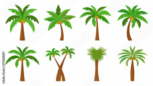 Collection of eight cartoon palm trees with coconuts on white background