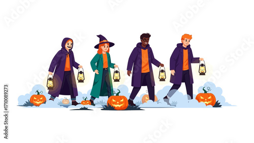 Halloween Revelers: A vibrant cartoon illustration portrays a diverse group of revelers, each clutching a lantern, as they traverse a spooky scene, embracing the spirit of Halloween.