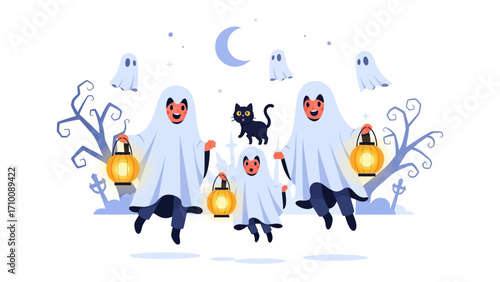 Halloween Family Gathering: An imaginative and festive Halloween illustration, showcasing a family of ghosts with lit lanterns, accompanied by a black cat and spooky night-time scenery.