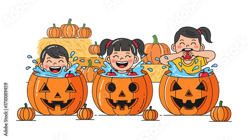 Joyful Pumpkin Splash: Three cheerful children frolic in hollowed-out pumpkins filled with water, surrounded by autumn gourds, embodying the vibrant spirit of the season.