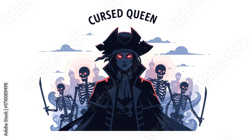 Cursed Queen: A darkly enchanting illustration of a spectral figure, a cursed queen, leading an army of skeletal figures with red eyes. The scene is rendered in a striking, atmospheric style.