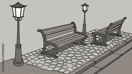 Two park benches with lampposts on a cobblestone path.