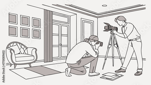 Two Photographers Working on a Photoshoot in a Room with Modern Interior Design.