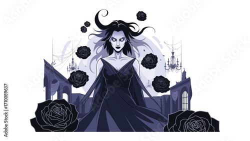 Dark Enchantress: A striking dark-haired enchantress, cloaked in an obsidian gown, is surrounded by gothic elements and ominous black roses, exuding an aura of mystery and allure.
