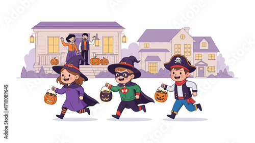 Joyful Trick-or-Treat Adventure: A group of young children, dressed in creative Halloween costumes, joyfully running from house to house.