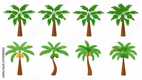Collection of eight cartoon palm trees with coconuts and dates