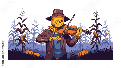 Autumn's Serenade: An adorable scarecrow figure plays violin, amidst pumpkin and cornstalks in this lovely illustration. Capturing the spirit of fall, harvest season with whimsical artwork