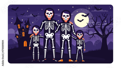 Spooky Family Portrait: A family of skeletons, gathered under a full moon on Halloween night, poses with a haunted house backdrop. The scene evokes a sense of playful spookiness