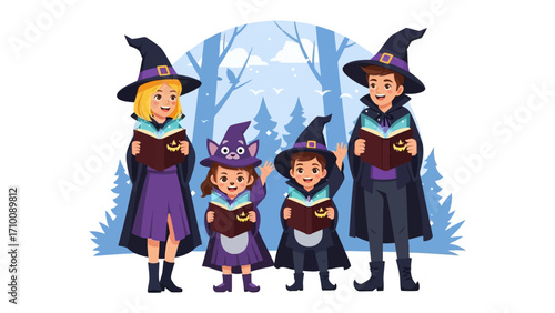 Magical Family of Witches: A close-knit family, clad in whimsical witch attire, stands united amidst a backdrop of an enchanting forest. Holding spell books.