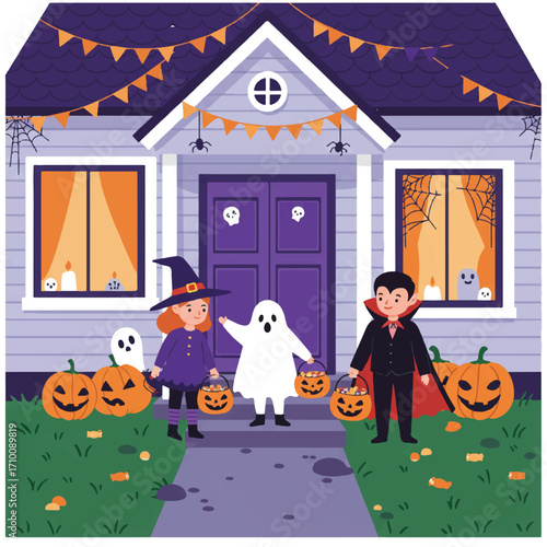 A friendly ghost, a cheerful witch, and a spooky vampire child stand on a decorated doorstep with candy buckets, ready for trick-or-treating in a 2D flat vector illustration.