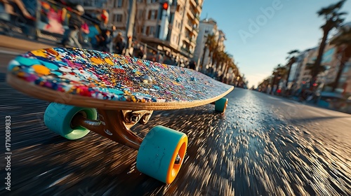 Artistic skateboard rolling on city pavement high resolution picture