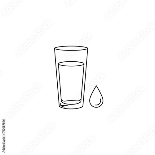 Vector art of minimalist line drawing of a glass of water next to a water drop, conveying purity and hydration