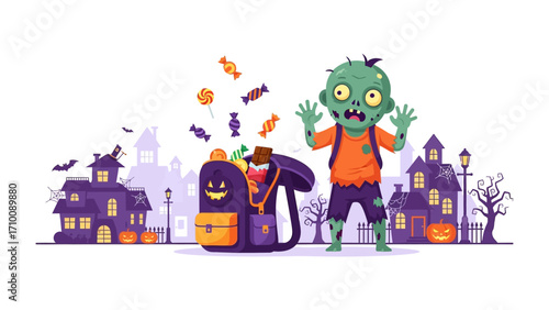 Halloween Zombie Candy: A whimsical illustration of a cartoon zombie happily surprised by candies spilling from a festive jack-o'-lantern bag in front of spooky houses.