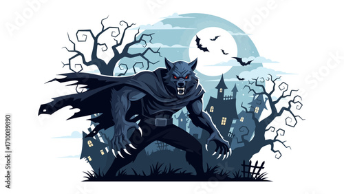 Werewolf Under the Moonlight: A terrifying werewolf stands before a haunted backdrop beneath the ethereal glow of a full moon, evoking an atmosphere of spooky mystery.