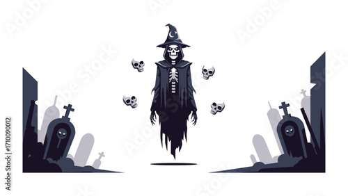 Spooky Cemetery Scene: A spectral figure, adorned in a witch's hat and cloak, floats amidst tombstones and skulls in an eerie, minimalist graveyard scene.