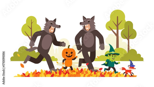 Happy Halloween: Festive characters, clad in whimsical costumes, frolic playfully amidst a vibrant tapestry of autumnal leaves and cheerful pumpkins, celebrating the joyful spirit of Halloween.