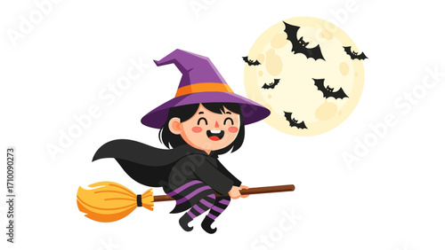 Whimsical Witch's Flight: A joyful witch on her broom flies beneath a smiling moon on a Halloween night. Capturing the essence of a delightful and festive season.
