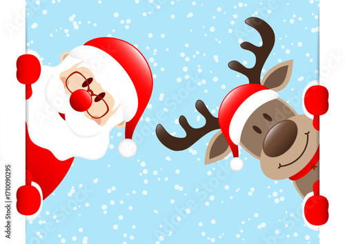 Weihnachtsmann Und Rentier Banner Innen Schnee Hellblau