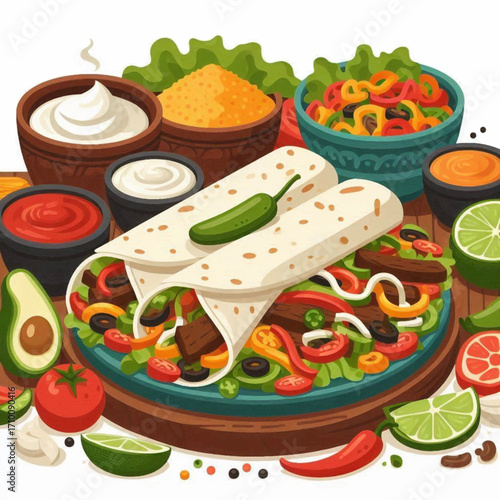 Two filled burritos sit on a platter surrounded by bowls of toppings and sliced vegetables