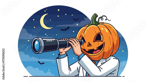 Spooky Pumpkin Stargazer: A whimsical illustration depicts a jack-o'-lantern-headed character gazing through a telescope at a night sky filled with stars and a crescent moon.
