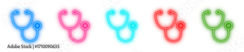 Set of colorful neon stethoscope icons isolated on a transparent background, representing medical care, diagnostics, and healthcare professions in a modern outline style for digital use