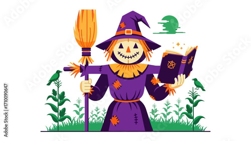 Halloween Scarecrow: A whimsical scarecrow dressed in traditional attire, reading from an enchanted spellbook under the eerie glow of the Halloween moon, embodying the festive spirit of the season.