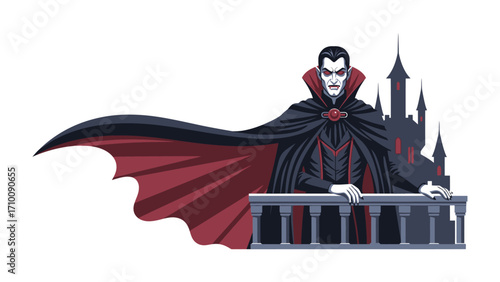 Nocturnal Specter: A chilling illustration depicts a stern vampire, cloaked in dark attire, surveying the night from a balcony, the gothic castle looms in the background. 
