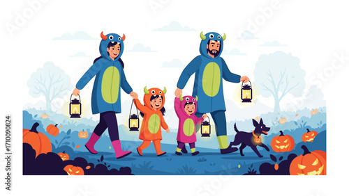 Family Halloween Fun: A cheerful family, dressed in festive monster costumes, enjoys a whimsical Halloween adventure, filled with the spirit of joy, pumpkins, and playful exploration.