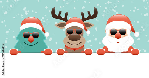 Weihnachtsbaum Rentier Und Weihnachtsmann Sonnenbrille Banner Schnee Türkis
